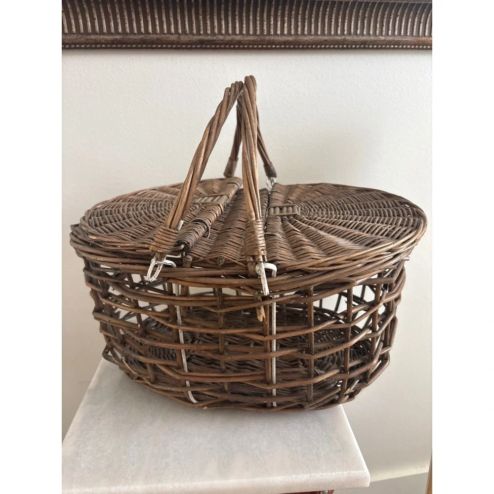 Vintage 60's  Woven Wicker Picnic Basket Double Lid Oval Willow Farmhouse Brown